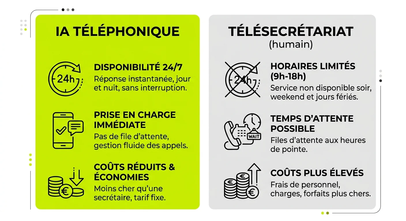 Comparaison IA téléphonique vs télésecrétariat humain : disponibilité, délai, coût
