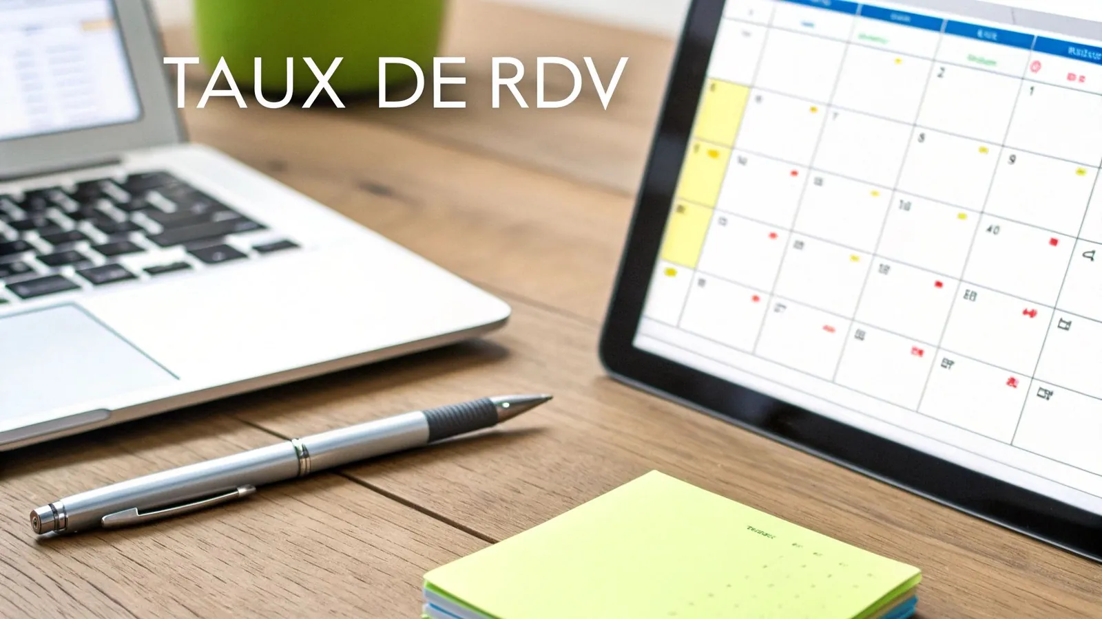 Un bureau avec un ordinateur portable, une tablette affichant un calendrier et un stylo. Le texte « TAUX DE RDV » est superposé.