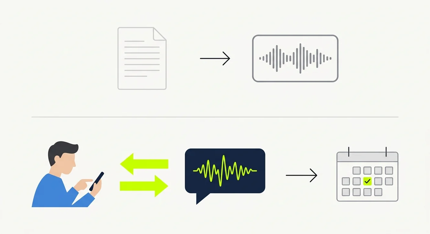 Schéma en deux bandes : en haut, une feuille de texte transformée en fichier audio ; en bas, une personne au téléphone qui échange avec un assistant vocal, lequel coche un créneau dans un agenda