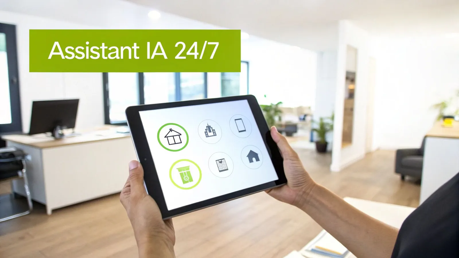 Une personne tenant une tablette affichant des icônes de gestion immobilière intelligente avec le texte 'Assistant IA 24/7'.
