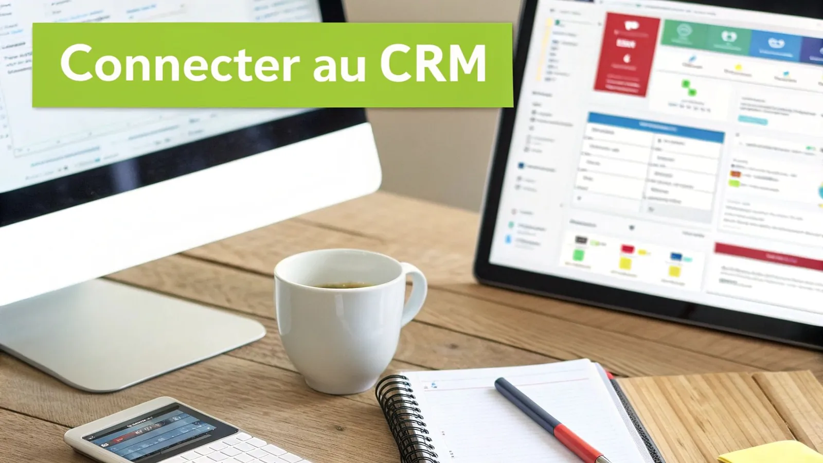 Bureau moderne avec moniteur, tablette affichant un CRM, tasse de café et texte 