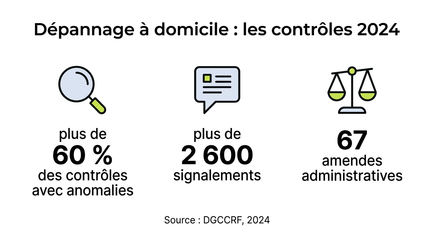 Infographie montrant les statistiques de contrôle DGCCRF 2024 sur le secteur du dépannage à domicile : plus de 60 pourcent d'anomalies constatées, plus de 2600 signalements de consommateurs, et le détail des sanctions prononcées
