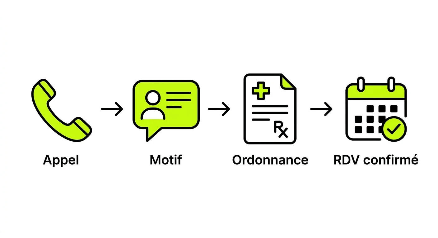 Schéma d'un appel entrant chez un audioprothésiste : l'agent identifie le motif (bilan, essai, adaptation, contrôle), vérifie l'ordonnance si besoin, puis propose un créneau et confirme par SMS