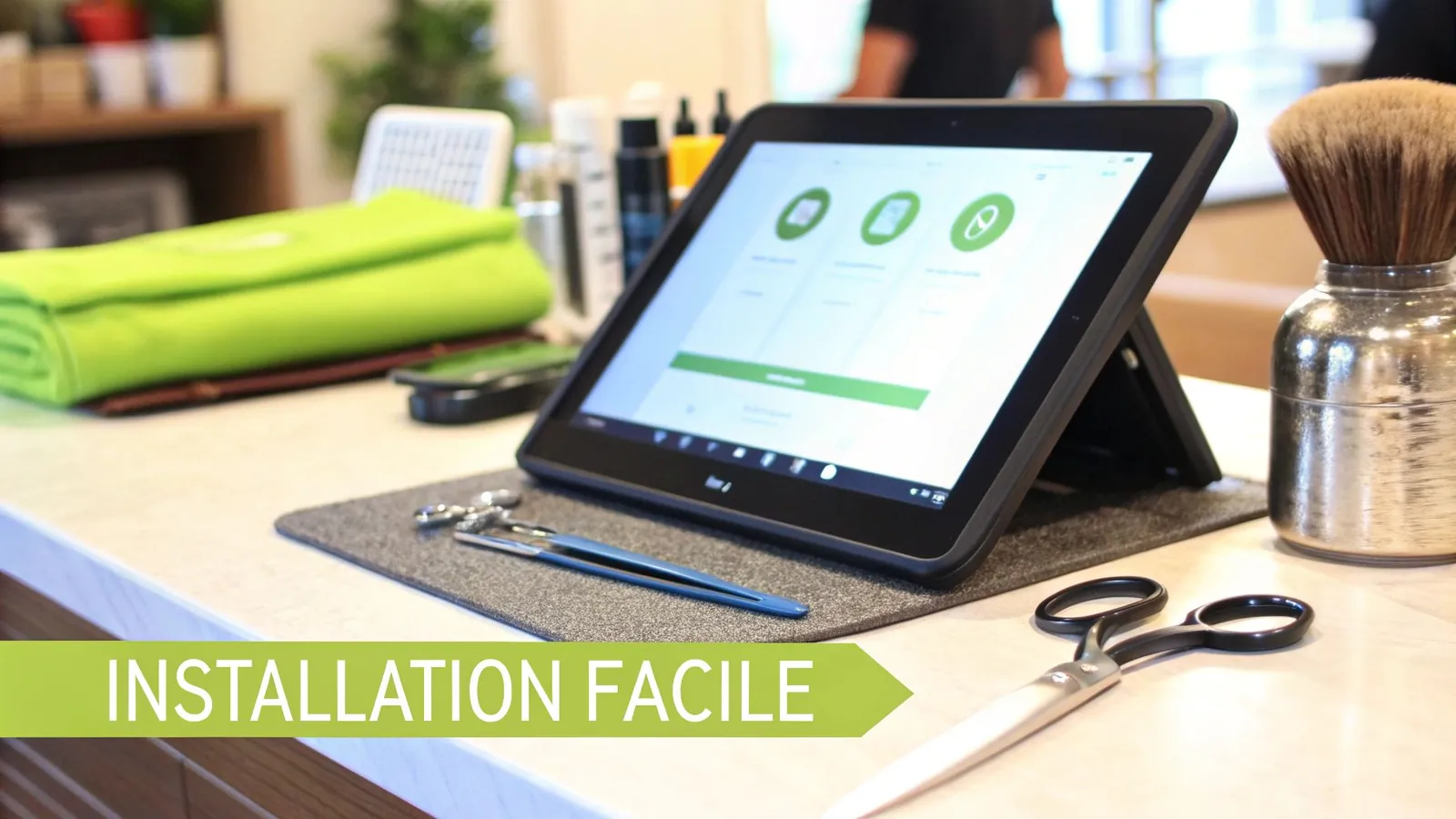 Tablette sur un comptoir avec interface verte, entourée d'outils de toilettage et ciseaux. Texte: 'INSTALLATION FACILE'.