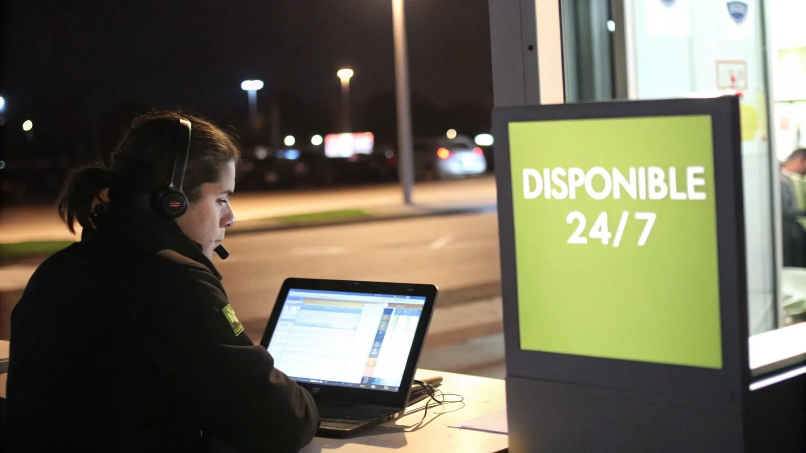 Opératrice avec casque travaillant sur ordinateur la nuit, devant un panneau 