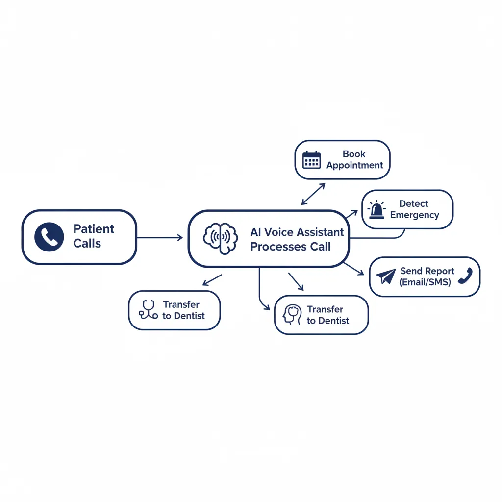Schéma du flux d'appels avec un assistant vocal IA dans un cabinet dentaire