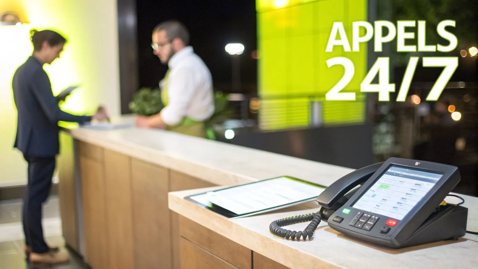 Client et personnel à un comptoir d'accueil moderne, avec téléphone professionnel et informations numériques. Un panneau "APPELS 24/7" en arrière-plan souligne la disponibilité.