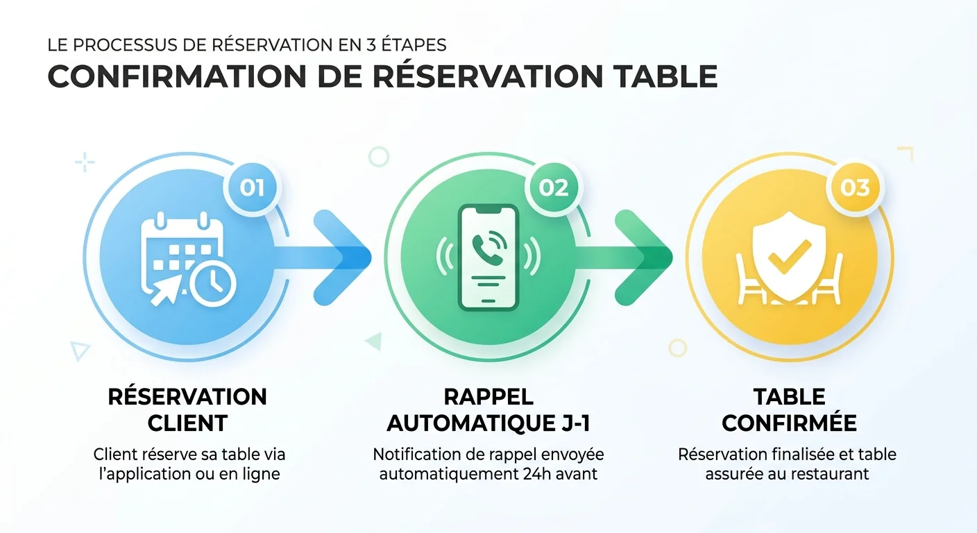 Schéma des trois étapes : réservation, rappel automatique, confirmation