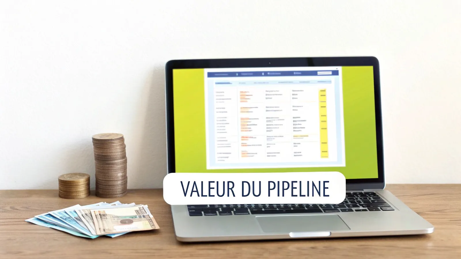 Un ordinateur portable affiche des données financières, accompagné de piles de pièces et de billets de banque, avec le texte