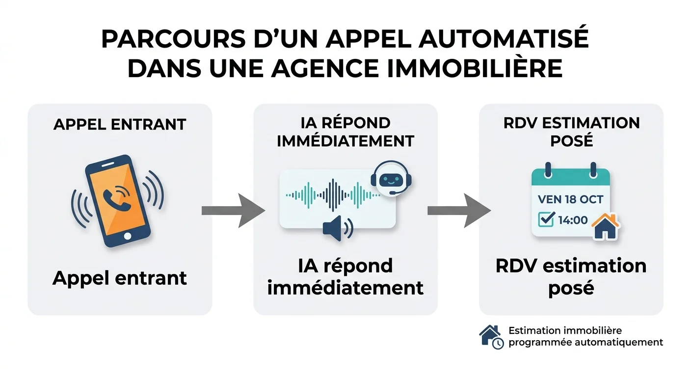 Schéma du parcours d'un appel entrant dans une agence immobilière : de l'appel entrant à la prise de rendez-vous