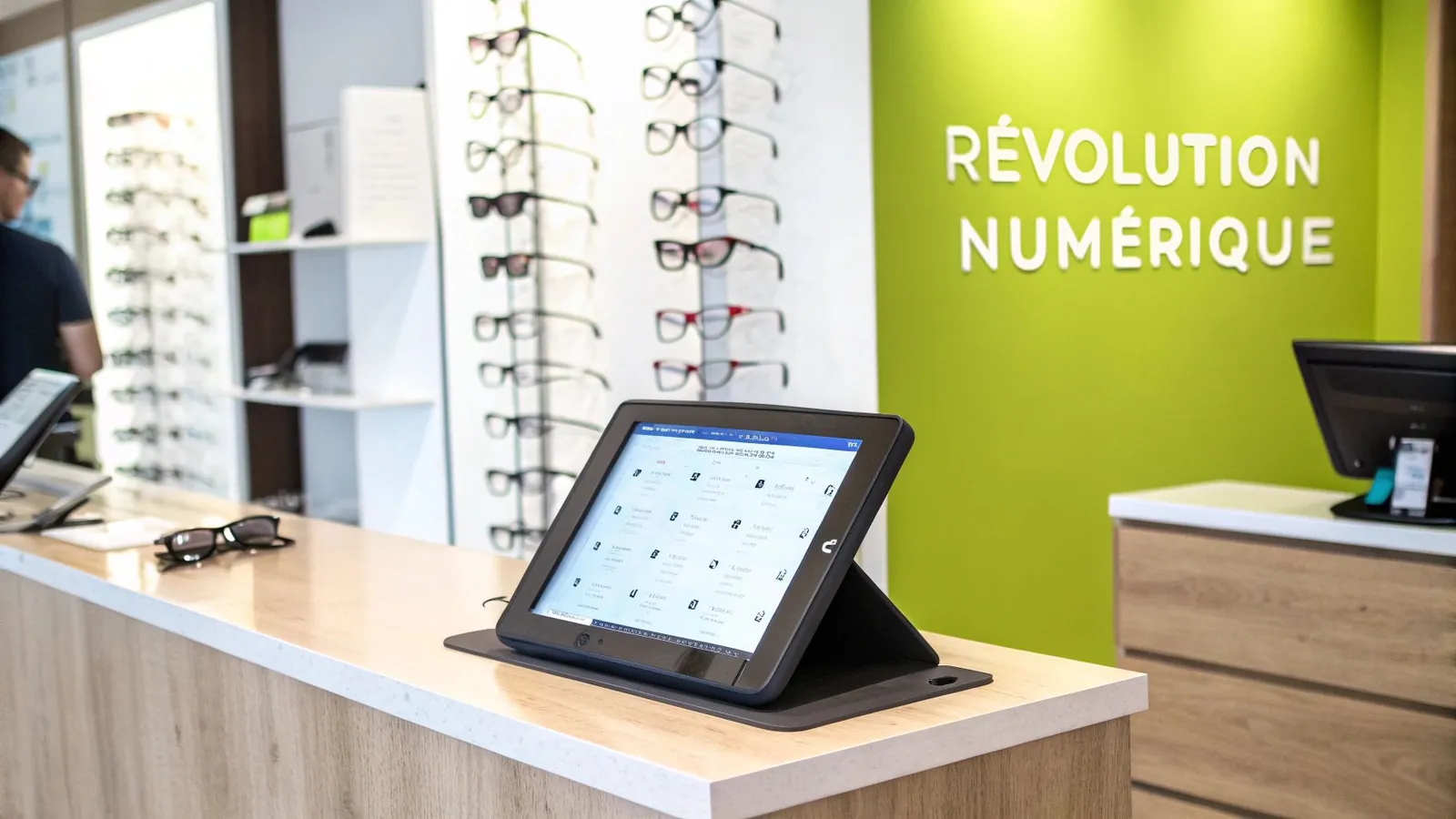Vue d'un comptoir d'opticien avec une tablette tactile et des montures de lunettes, symbolisant la révolution numérique.