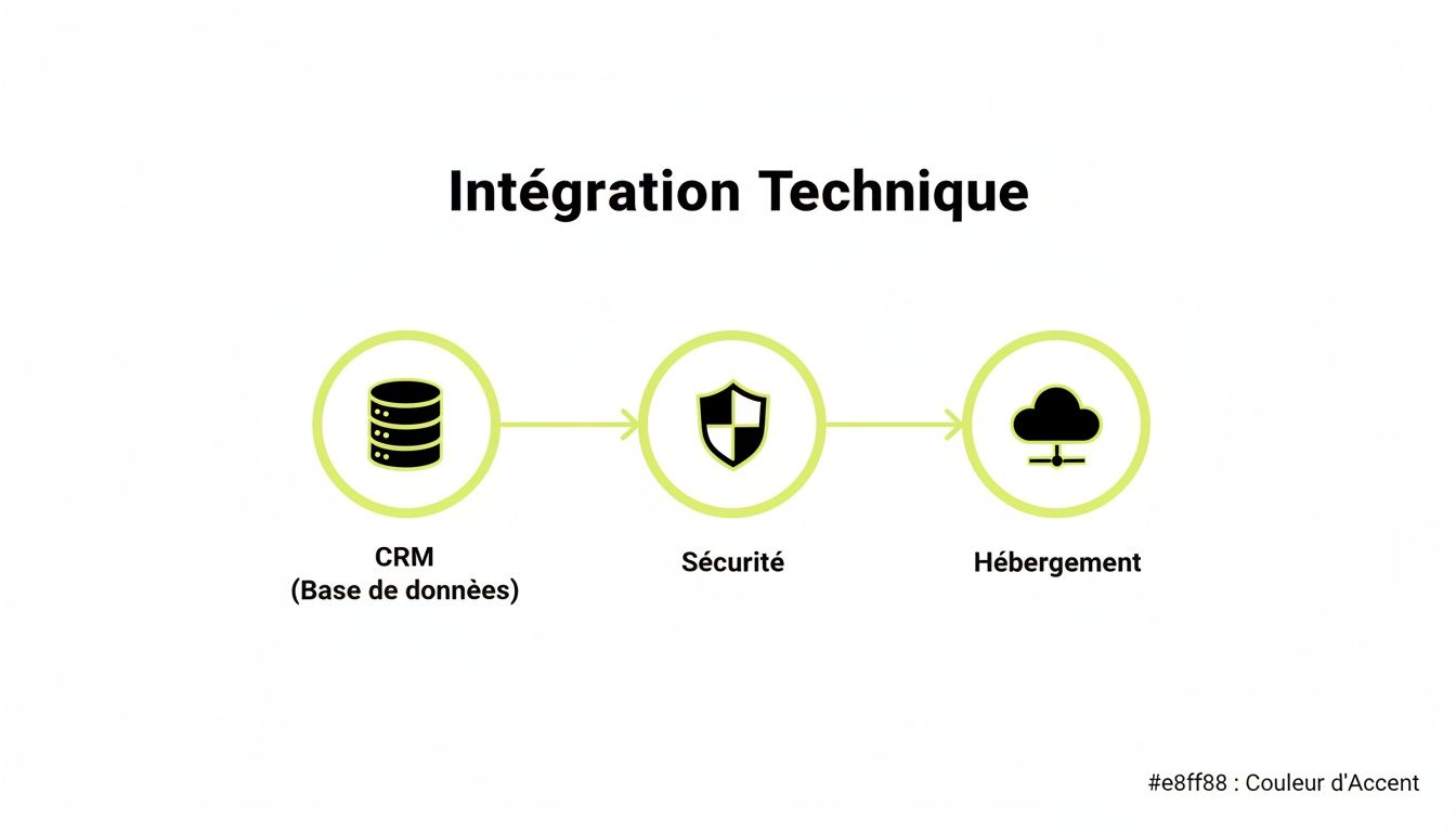 Schéma d'intégration technique montrant le flux des données du CRM (base) vers la sécurité, puis vers l'hébergement.