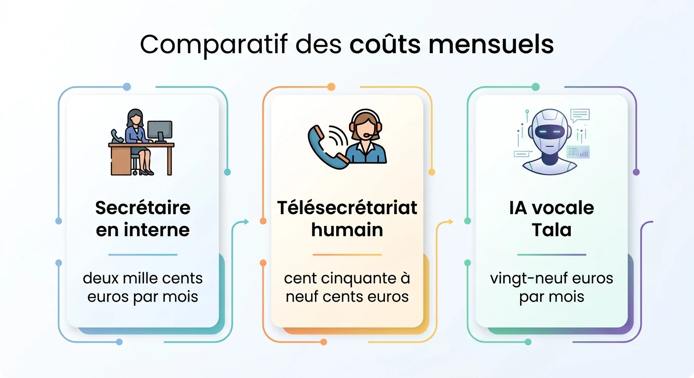 Comparatif des coûts mensuels entre secrétaire interne, télésecrétariat et IA vocale