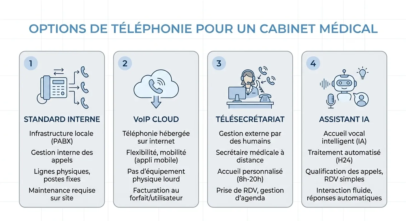 Comparatif des solutions de téléphonie pour cabinets médicaux : standard interne, VoIP, télésecrétariat, IA vocale
