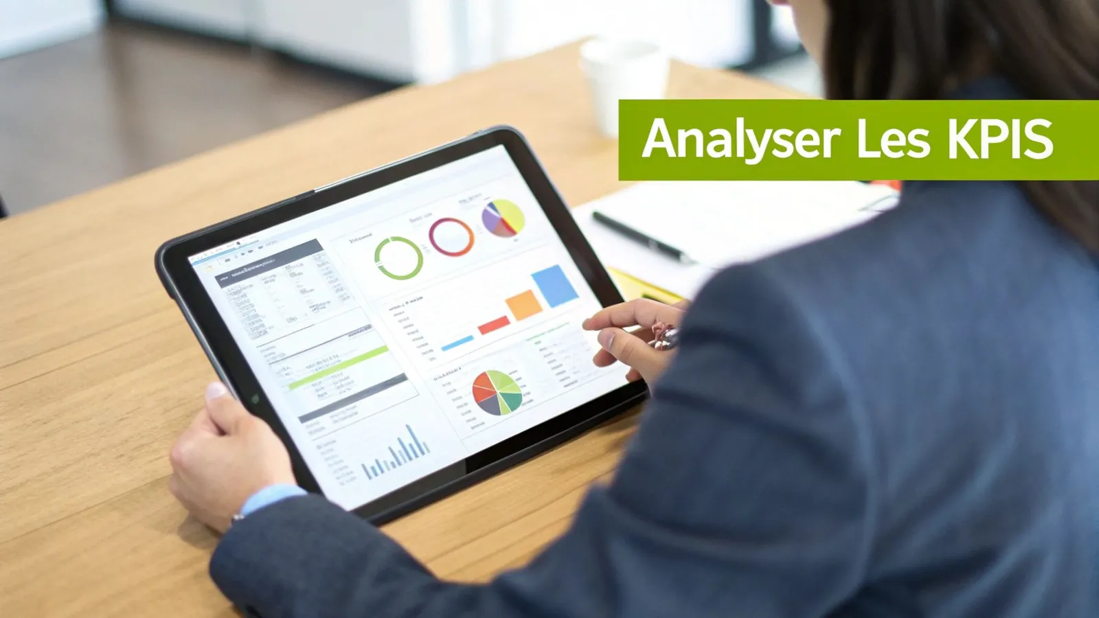 Une personne professionnelle analyse des indicateurs clés de performance (KPI) sur une tablette numérique affichant des graphiques.