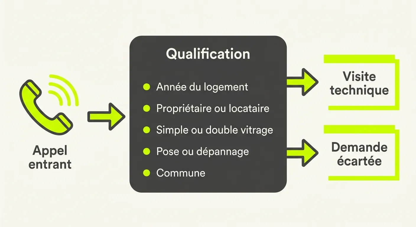 Schéma du tri d'un appel entrant : cinq informations collectées (année du logement, propriétaire ou locataire, simple ou double vitrage, pose ou dépannage, commune) puis deux issues, visite technique ou demande écartée