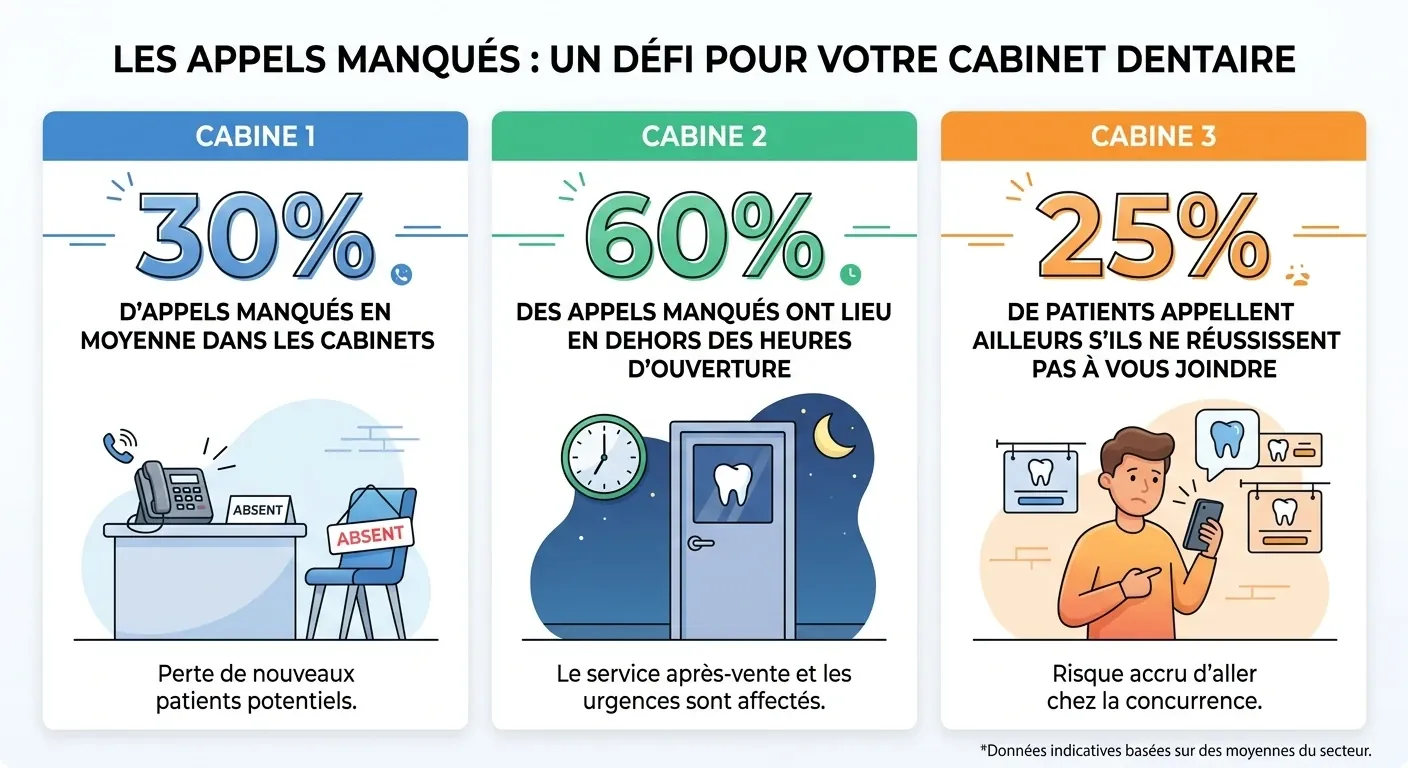 Infographie sur les appels manqués en cabinet dentaire : appels non décrochés, patients qui ne rappellent pas, coût comparatif télésecrétariat vs IA