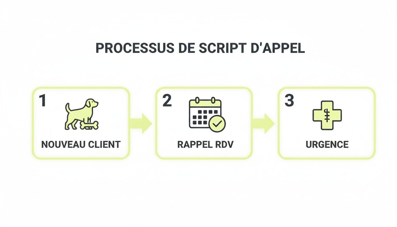 Infographie simple illustrant un processus de script d'appel en trois étapes : nouveau client, rappel de RDV et urgence.