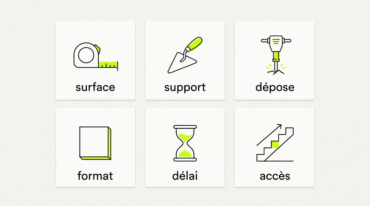 Les six informations a recueillir sur un appel de carrelage : surface, support, depose, format, delai, acces