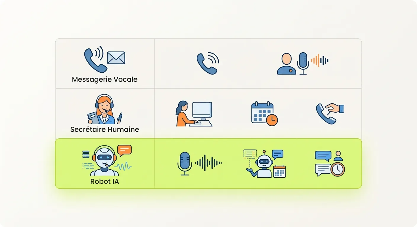 Comparaison des options de débordement : messagerie, télésecrétariat humain, agent IA