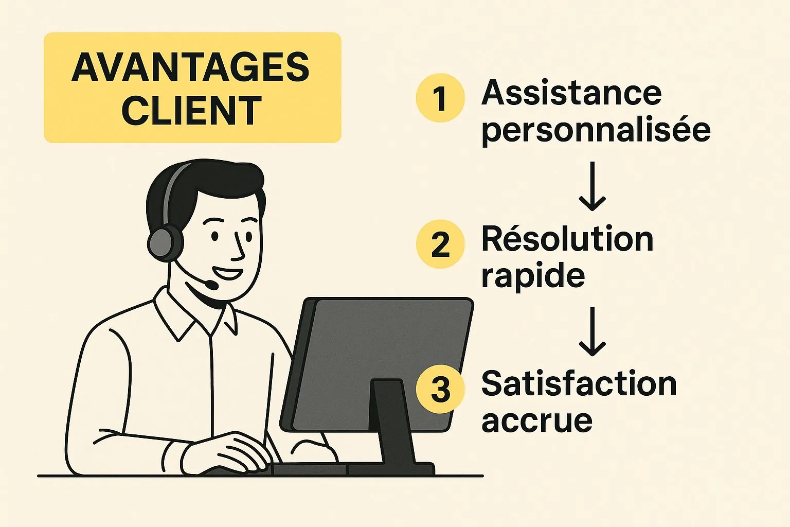 Infographie montrant un agent de support client souriant, illustrant les avantages d'un voicebot multilingue pour l'expérience client.