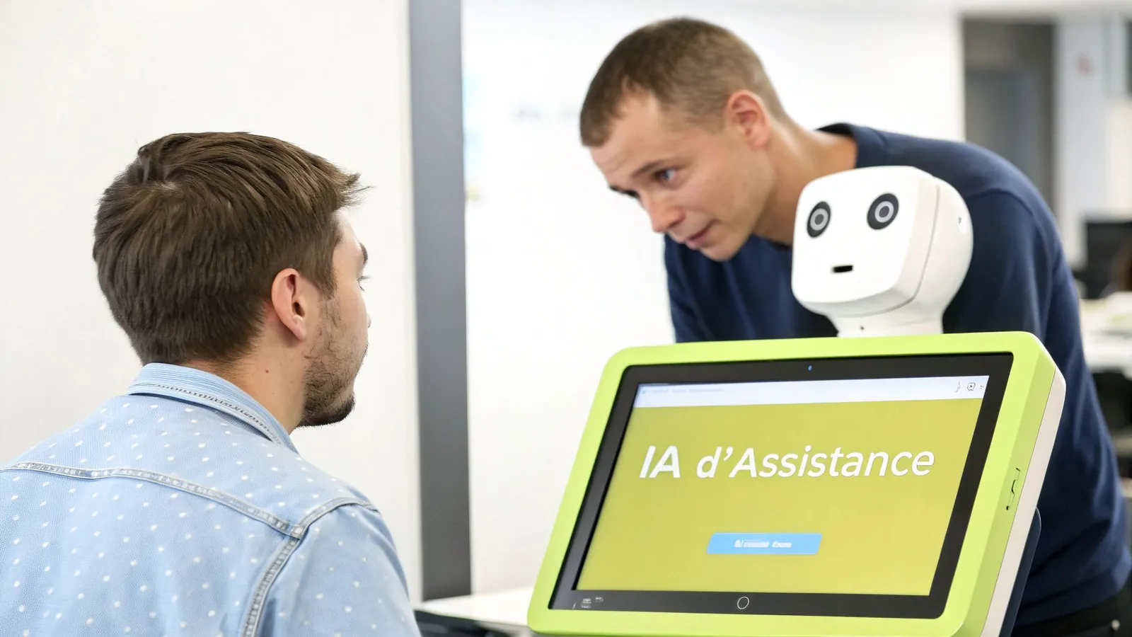 Deux hommes observent un robot blanc et un écran interactif affichant 