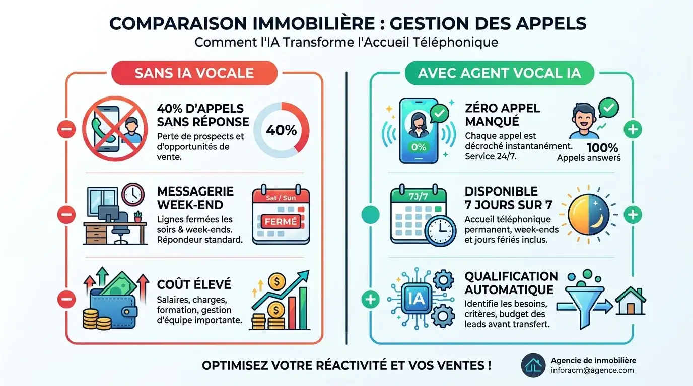 Infographie comparant les appels manqués avant et après l'installation d'un assistant vocal IA dans une agence immobilière