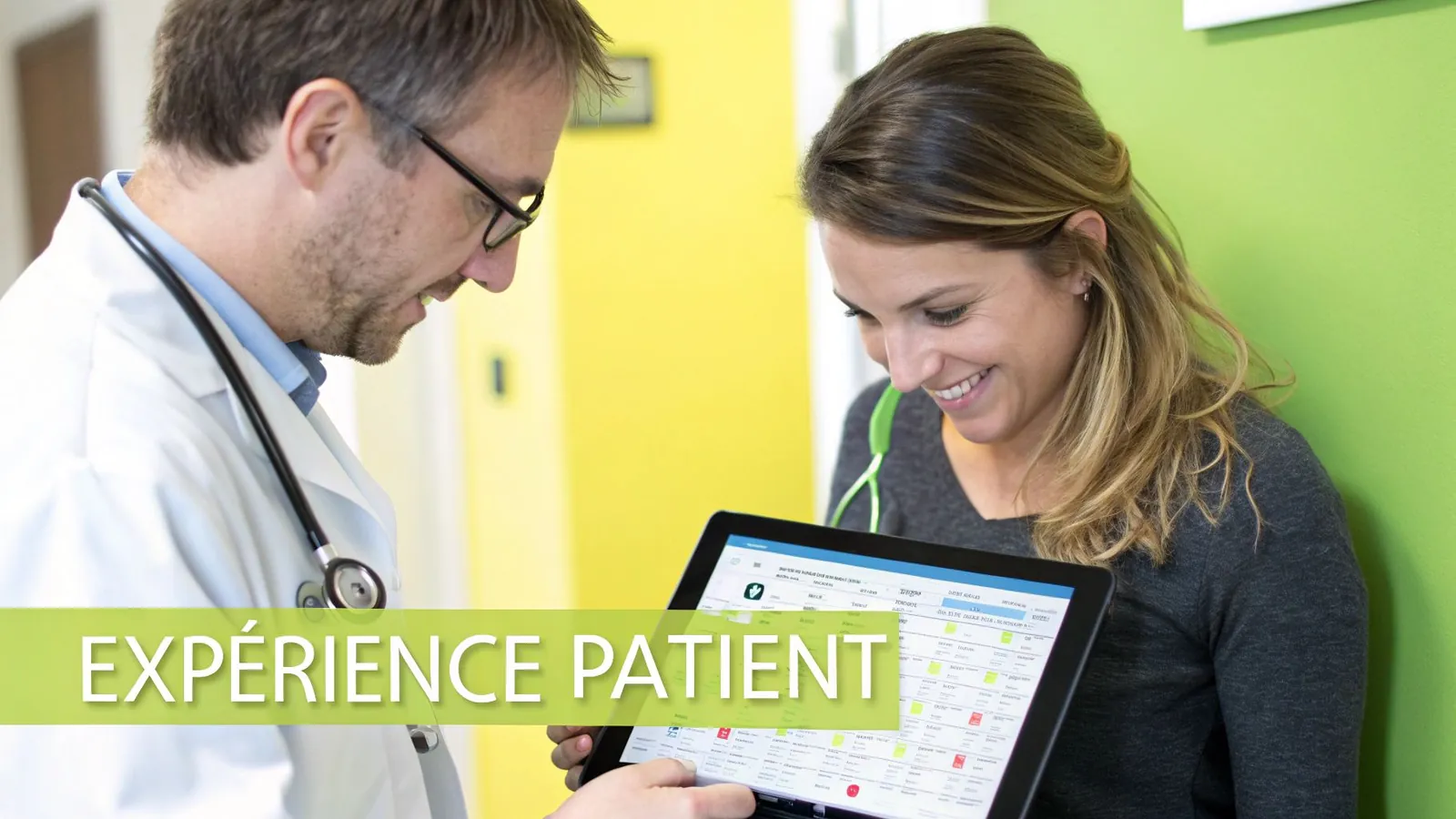 Un médecin et une patiente souriante consultent ensemble une tablette, symbolisant une expérience patient moderne et collaborative.