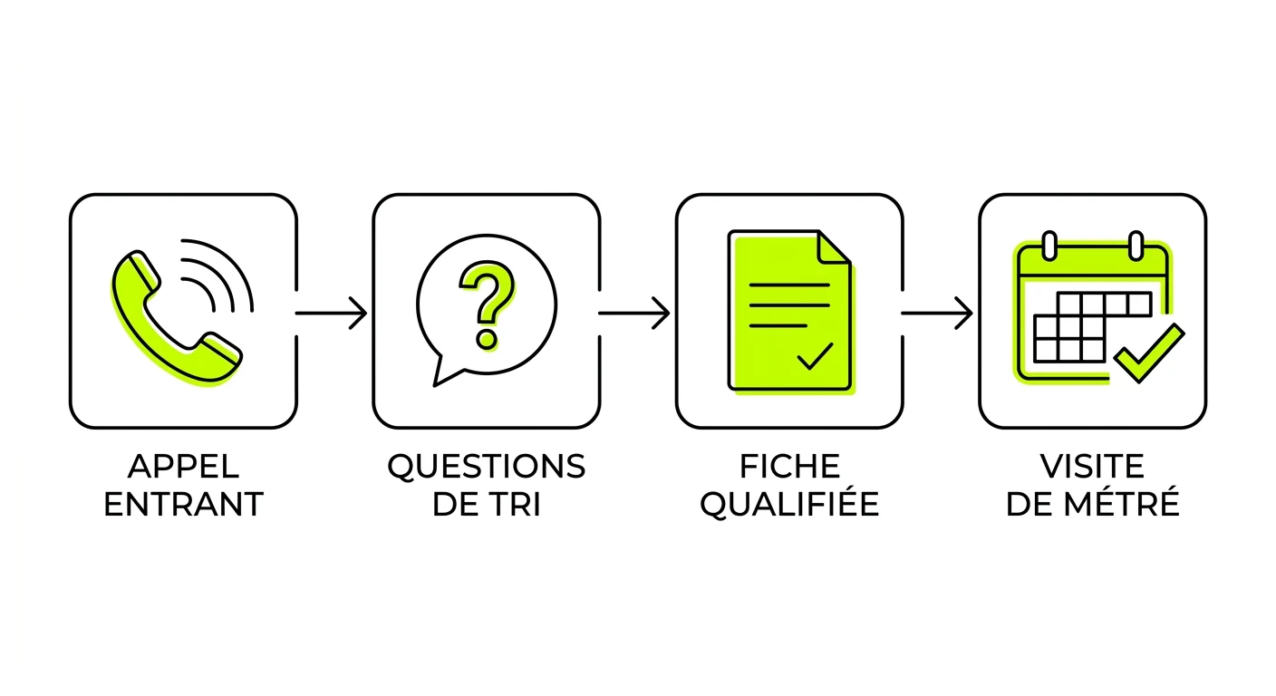 Schéma en quatre étapes : appel entrant, questions de tri, fiche qualifiée, visite de métré