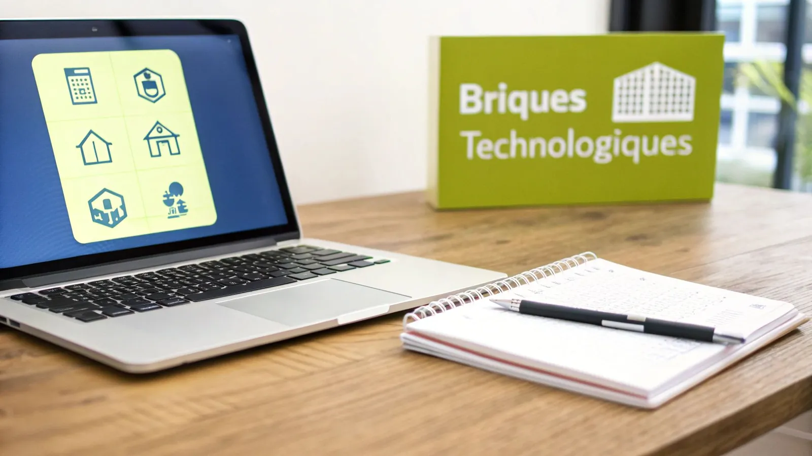 Un ordinateur portable affichant des icônes immobilières et une pancarte « Briques Technologiques » sur un bureau en bois.