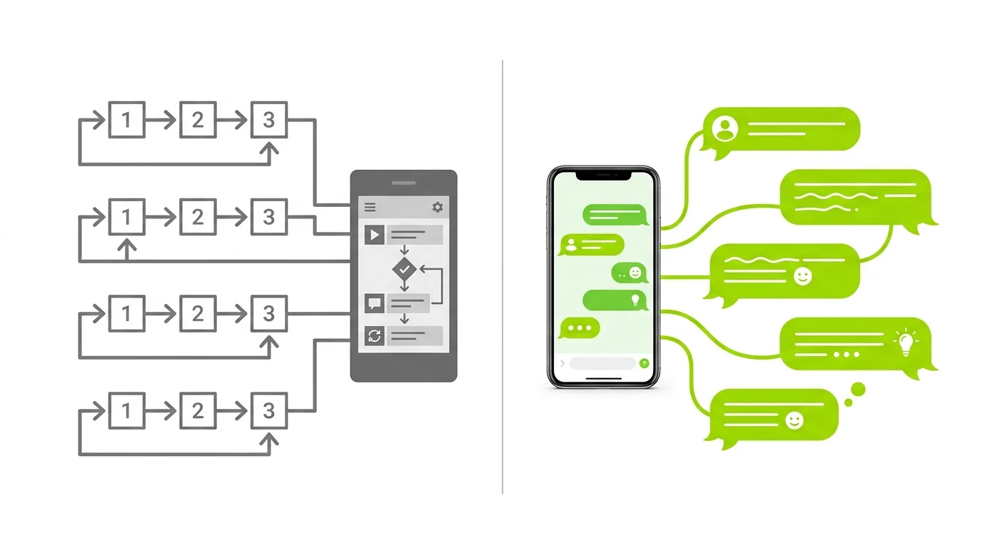 Schéma comparatif entre les limites d'un automate d'appel rigide et la flexibilité d'un agent IA vocal