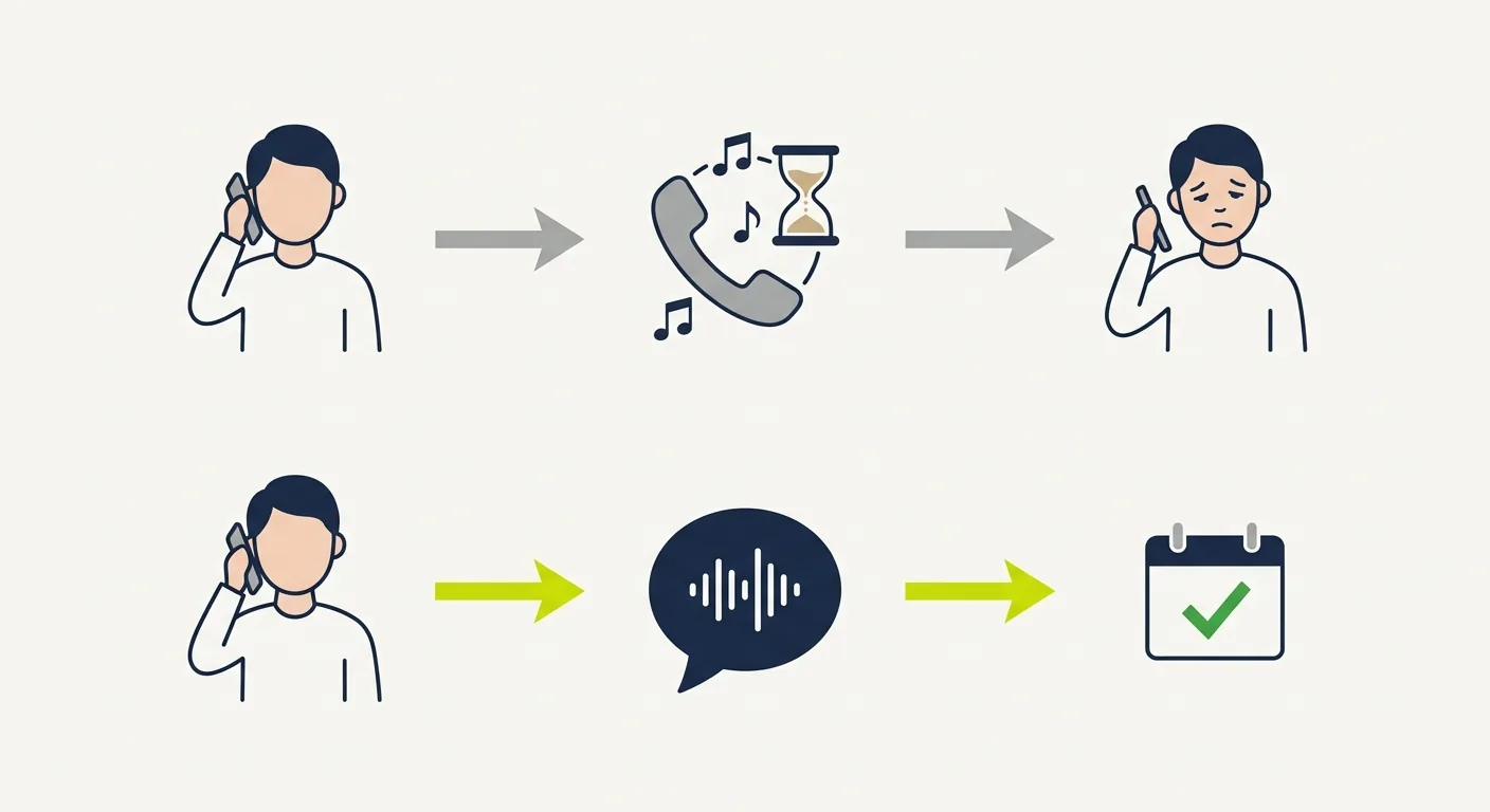 Deux parcours d'appel comparés : en haut, l'appelant patiente en musique puis raccroche, lassé ; en bas, un agent vocal répond et l'appel se termine par un rendez-vous confirmé