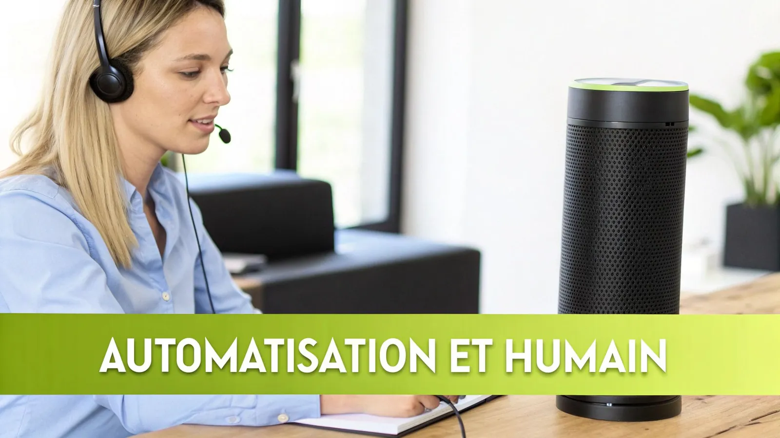 Une agente de service client avec un casque près d'une enceinte intelligente, symbolisant l'interaction humain-automatisation.