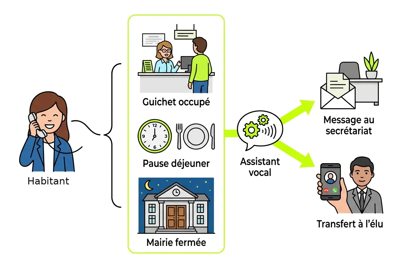 Schéma d'un appel à la mairie pris par l'assistant vocal pendant le guichet, la pause déjeuner ou la fermeture, puis transmis en message au secrétariat ou transféré à l'élu