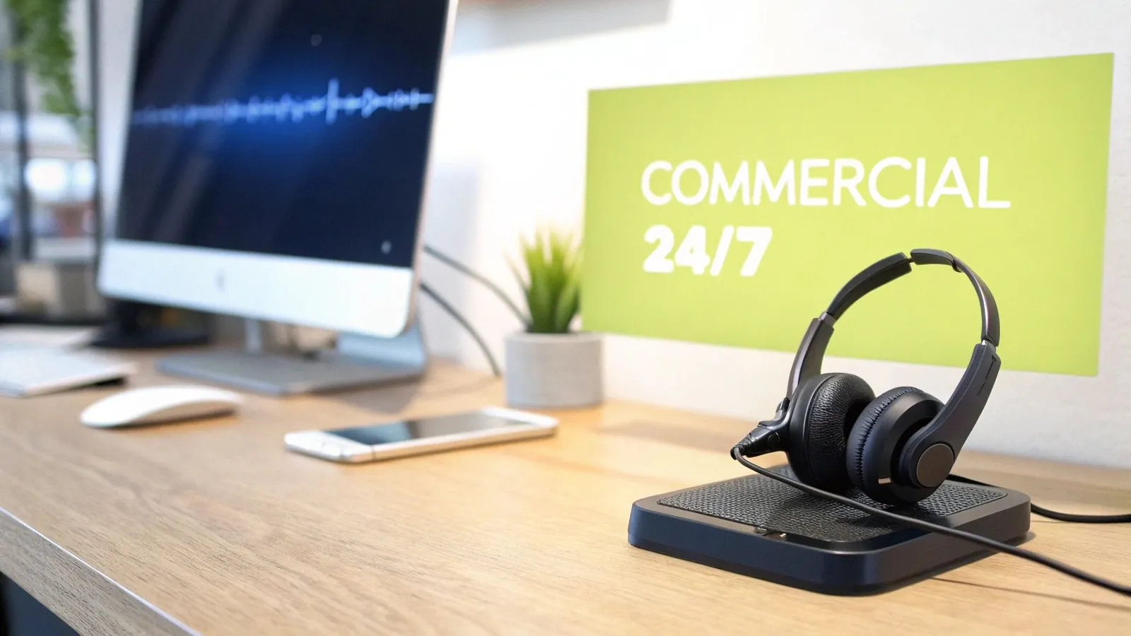 Poste de travail avec un écran affichant une onde sonore, des écouteurs sur un support et une affiche 'COMMERCIAL 24/7'.