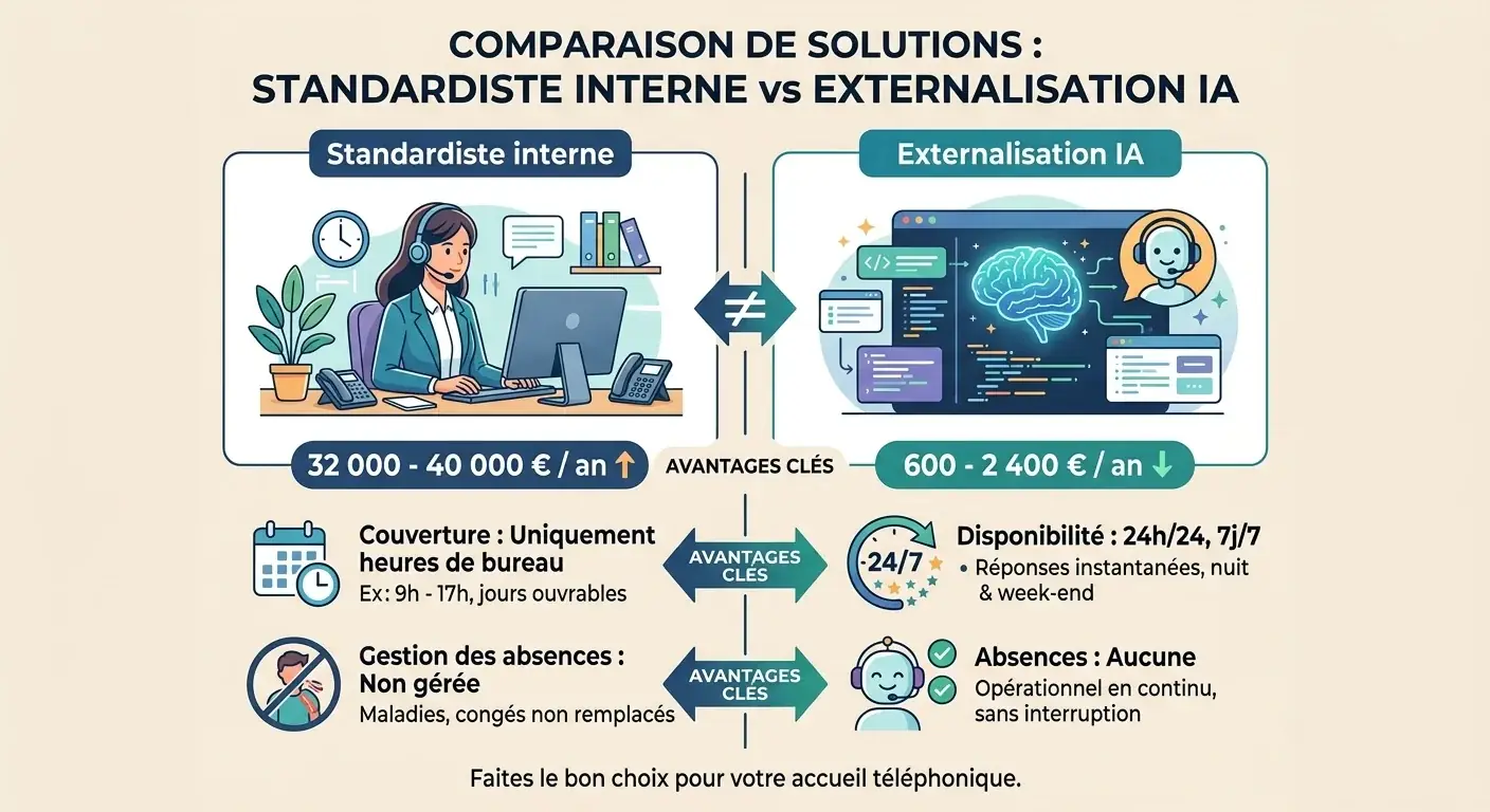 Comparatif coûts : standardiste interne vs télésecrétariat humain vs IA vocale