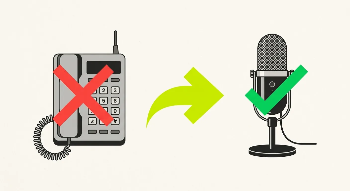 Illustration : ancien téléphone à touches dépassé, flèche verte, microphone moderne avec coche verte