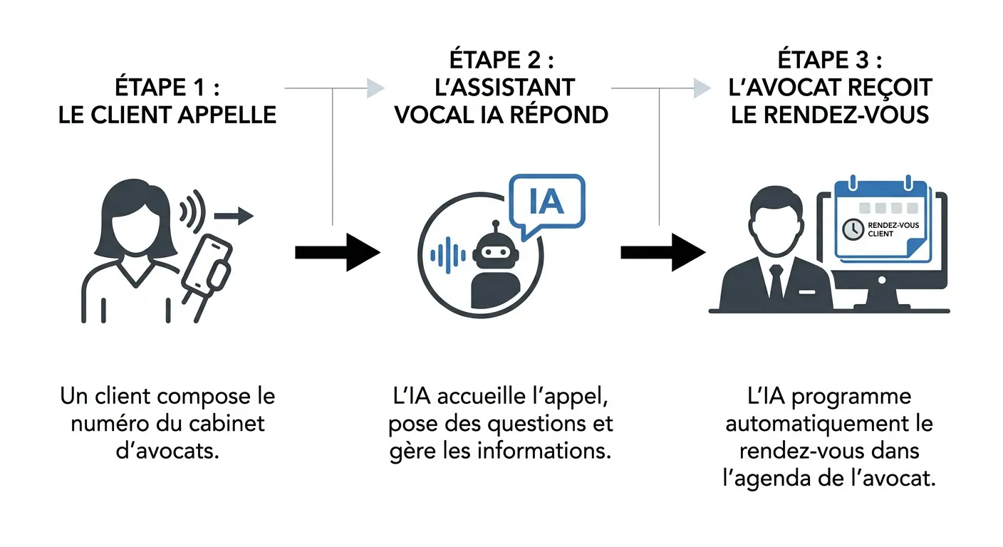 Schéma du parcours d'un appel dans un cabinet avocat avec assistant vocal IA