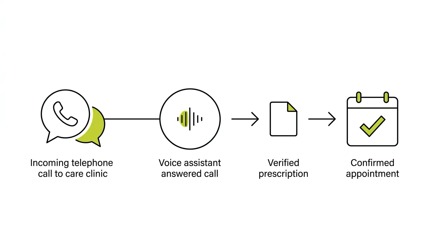 Schéma du parcours d'un appel dans un cabinet d'orthophonie : appel entrant, agent vocal IA, vérification de la prescription, rendez-vous confirmé
