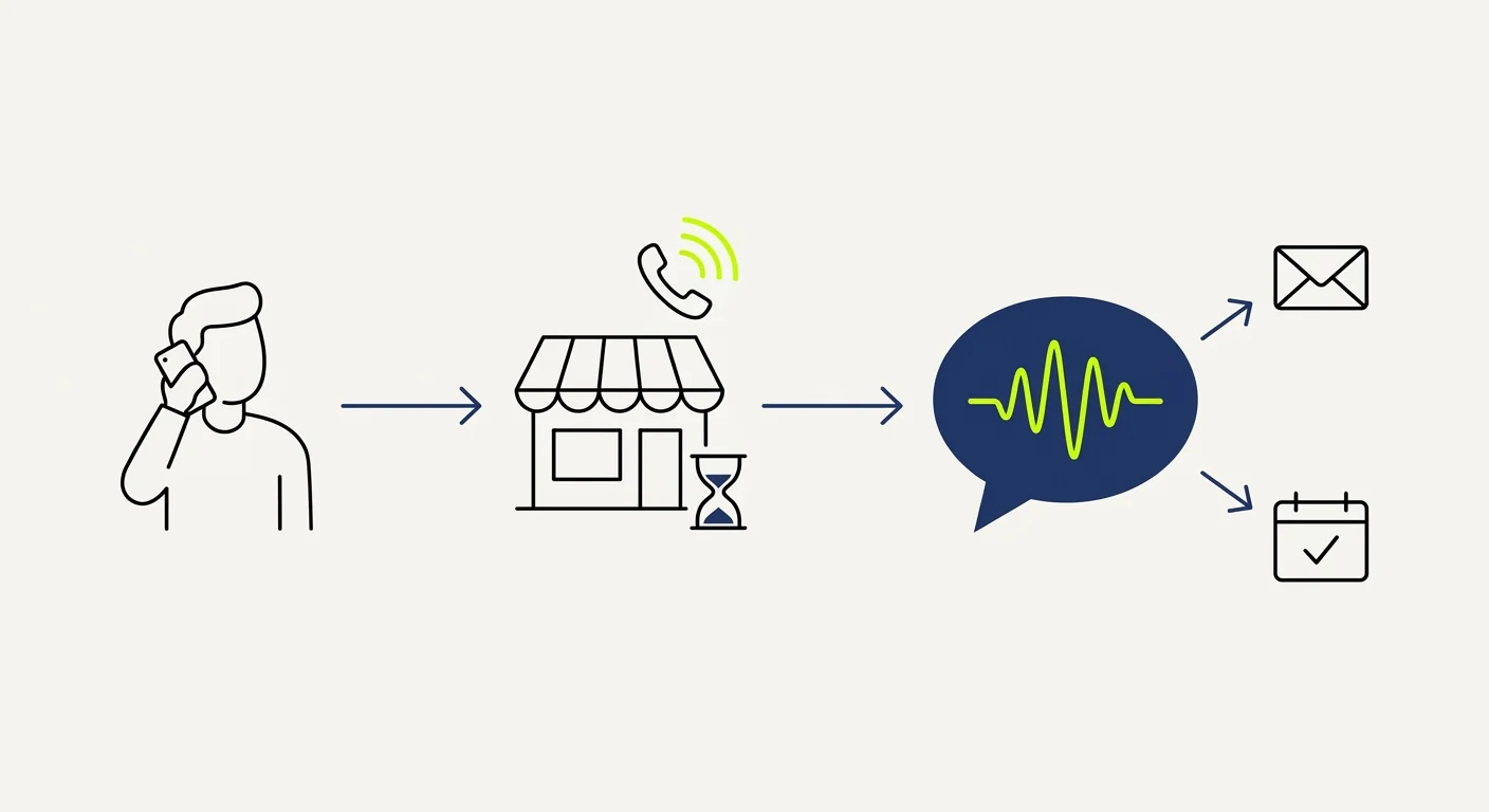 Schéma du parcours d'un appel vers un numéro vert : un client appelle, le téléphone de la boutique sonne sans réponse, puis l'appel est renvoyé vers un agent vocal qui pose un rendez-vous ou prend un message