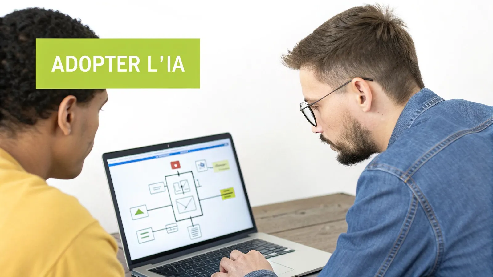 Deux hommes regardent un ordinateur portable affichant un diagramme et le texte "ADOPTER L'IA".