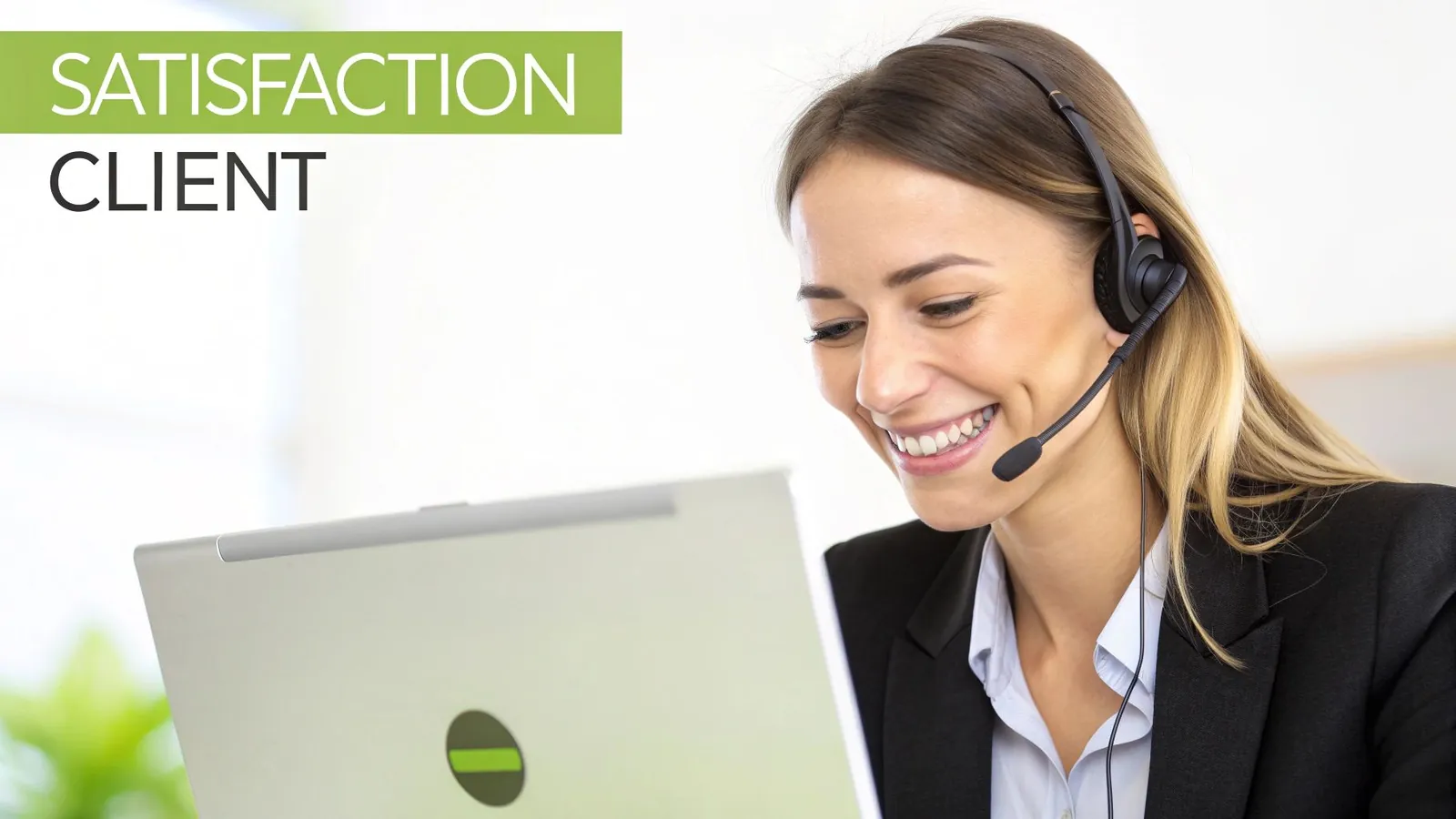 Une femme souriante et professionnelle avec un casque travaille sur un ordinateur portable, symbolisant la satisfaction client.