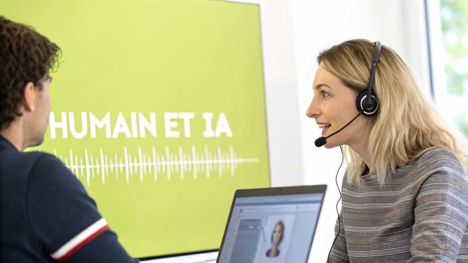 Une femme avec un casque discute avec un homme devant un écran affichant 