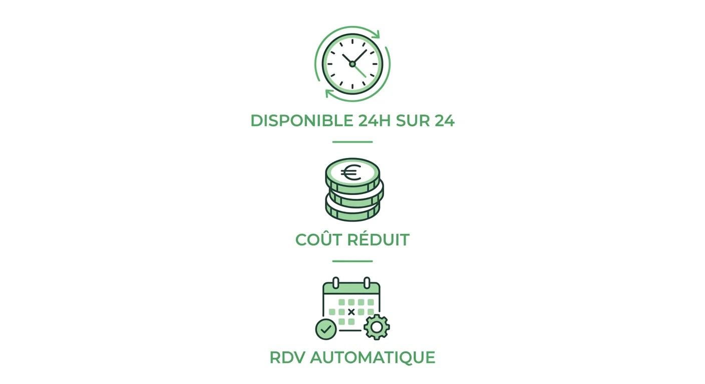 Avantages agent vocal IA : disponible 24h sur 24, coût réduit, RDV automatique