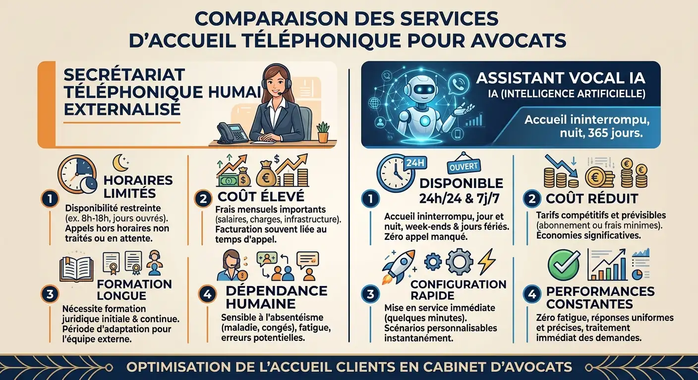 Infographie comparant télésecrétariat humain externalisé et assistant vocal IA pour avocat