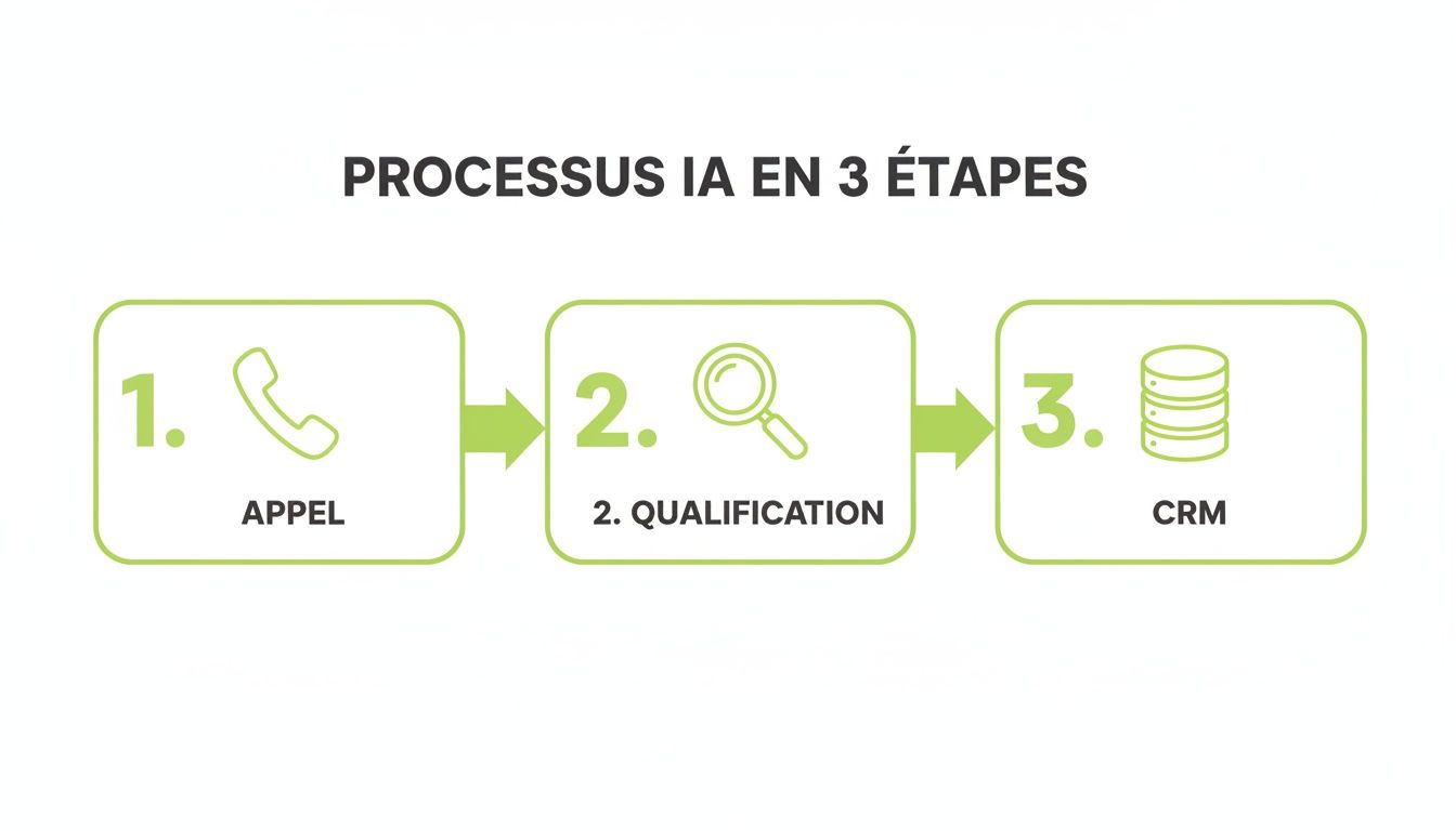 Schéma illustrant le processus d'IA en 3 étapes : appel téléphonique, qualification des données et intégration CRM.