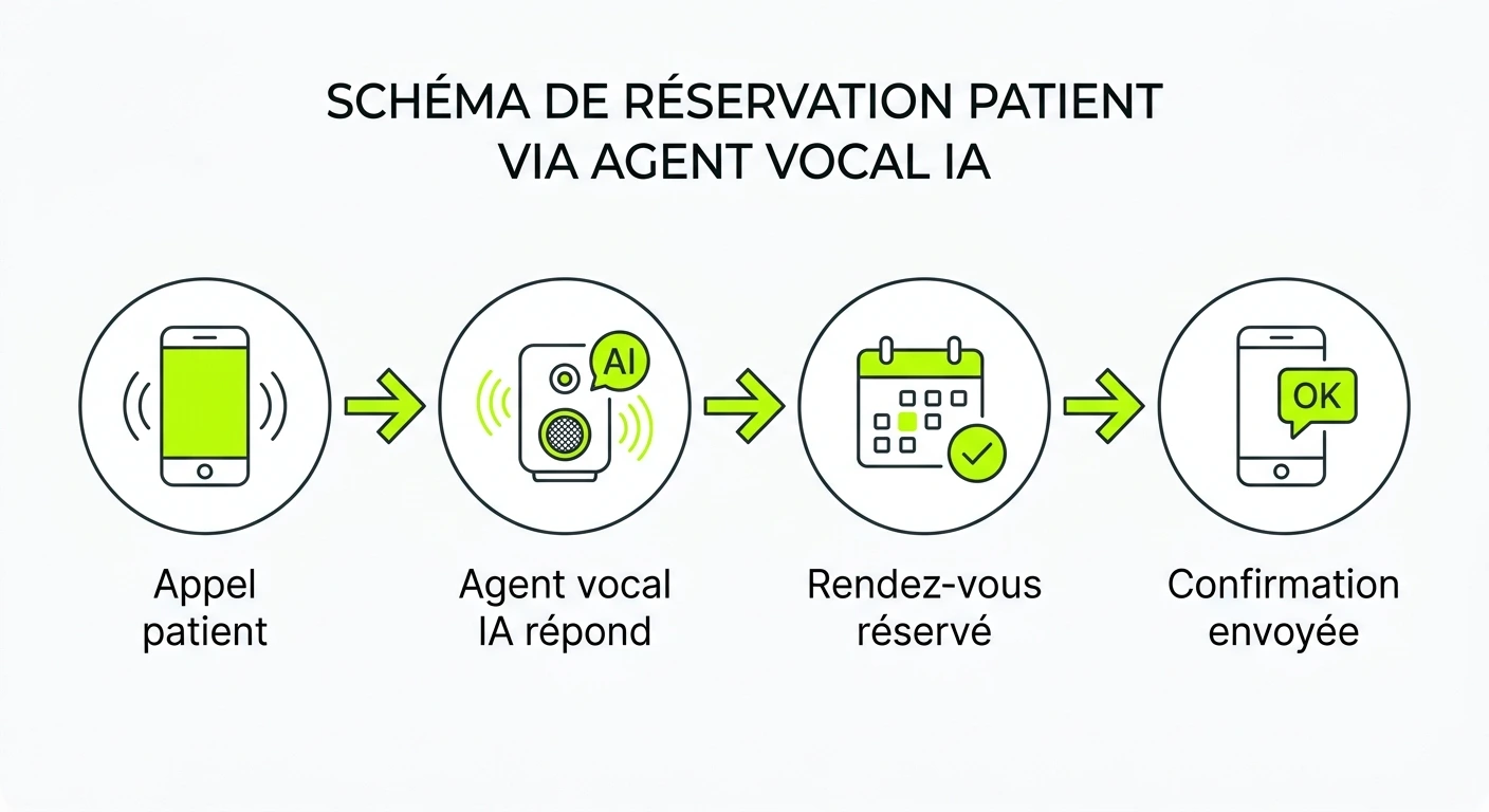 Schéma en quatre étapes : appel du patient, réponse de l'agent vocal IA, réservation dans l'agenda, confirmation envoyée par SMS