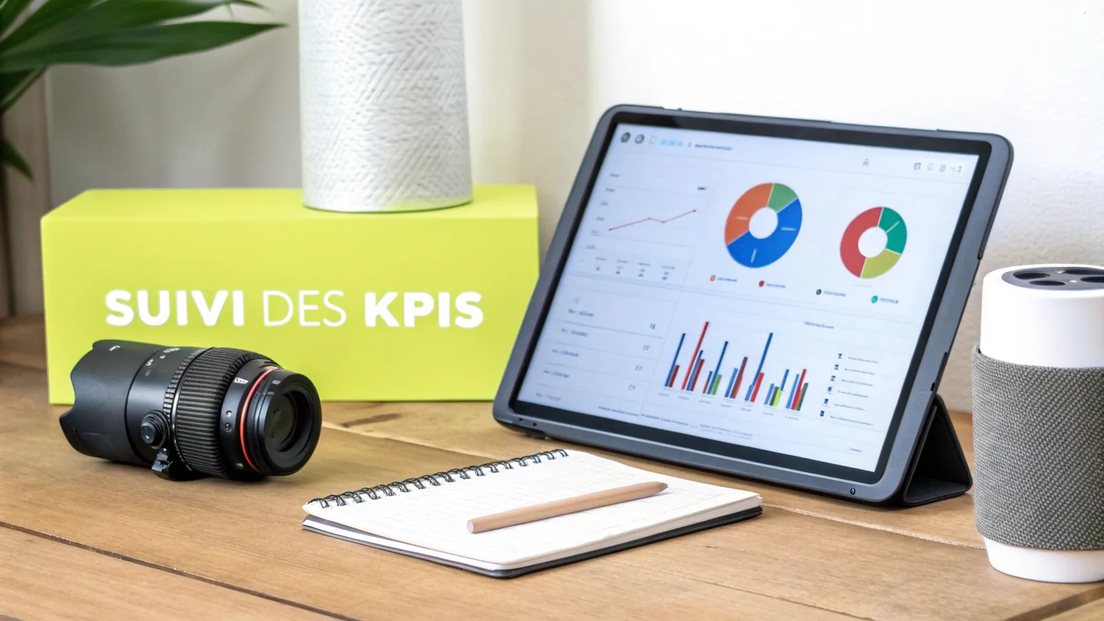 Un bureau avec tablette affichant des KPI, objectif photo, cahier, crayon et enceinte connectée.