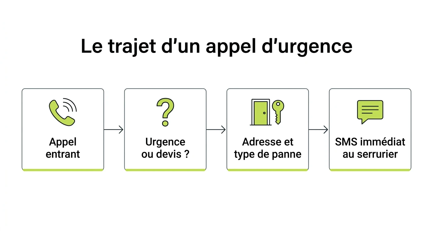 Schéma du traitement d'un appel entrant chez un serrurier en astreinte : l'appel arrive, l'agent vocal identifie s'il s'agit d'une urgence réelle ou d'une demande de devis, collecte l'adresse et le type de panne, puis déclenche un transfert immédiat en cas d'urgence ou programme un rappel le lendemain matin