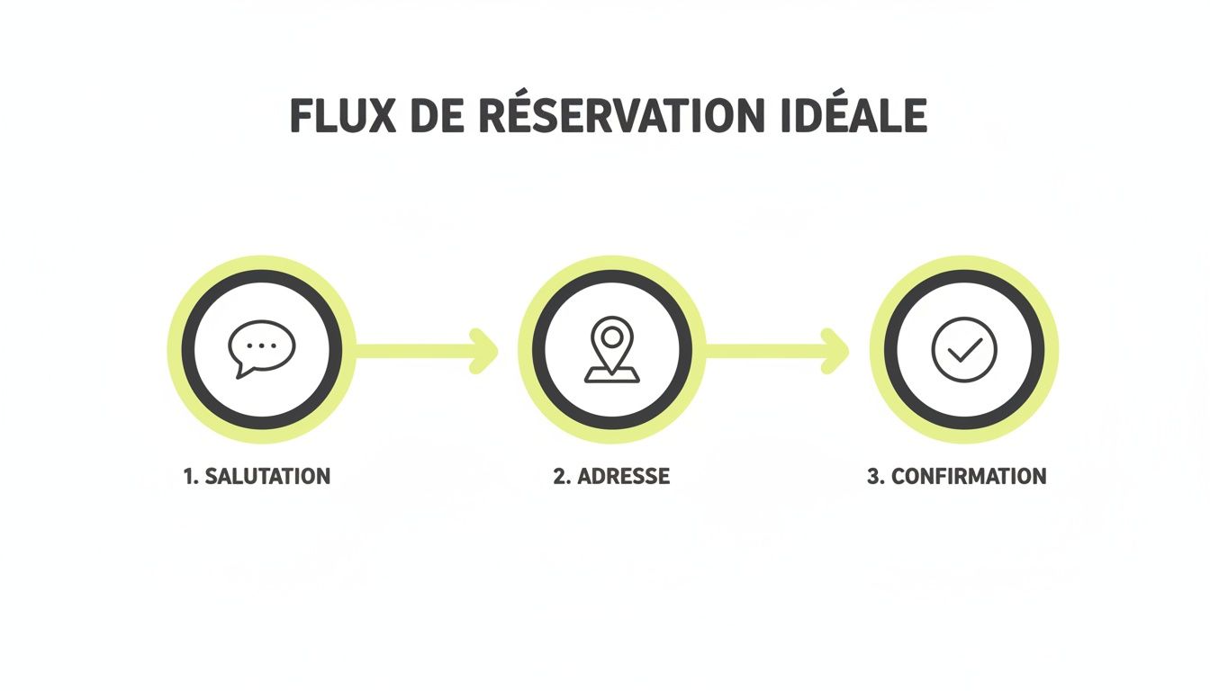 Diagramme montrant un flux de réservation idéal en 3 étapes : salutation, adresse et confirmation avec icônes.